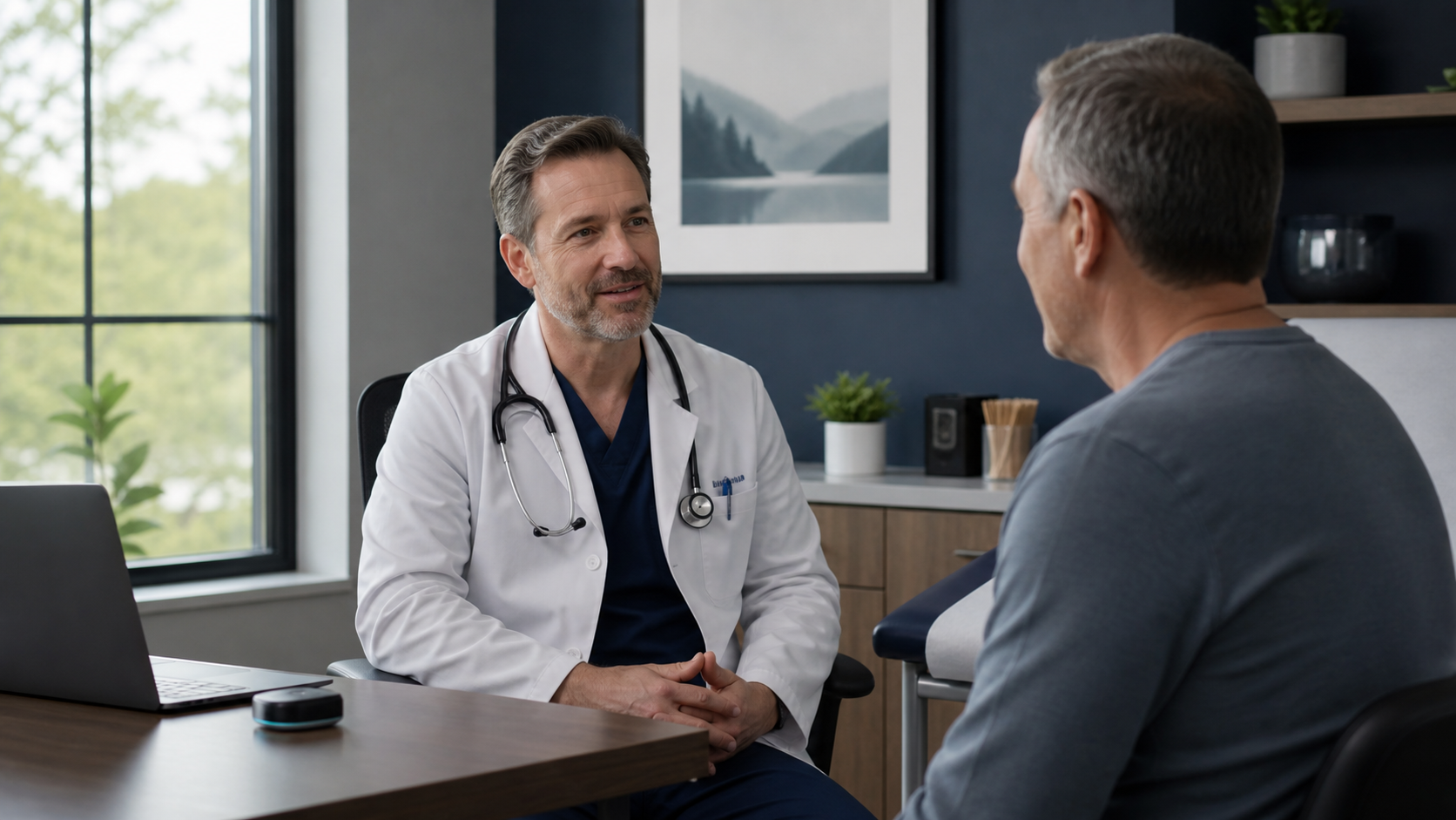 Physician giving a patient full attention while an ambient AI scribe captures the visit