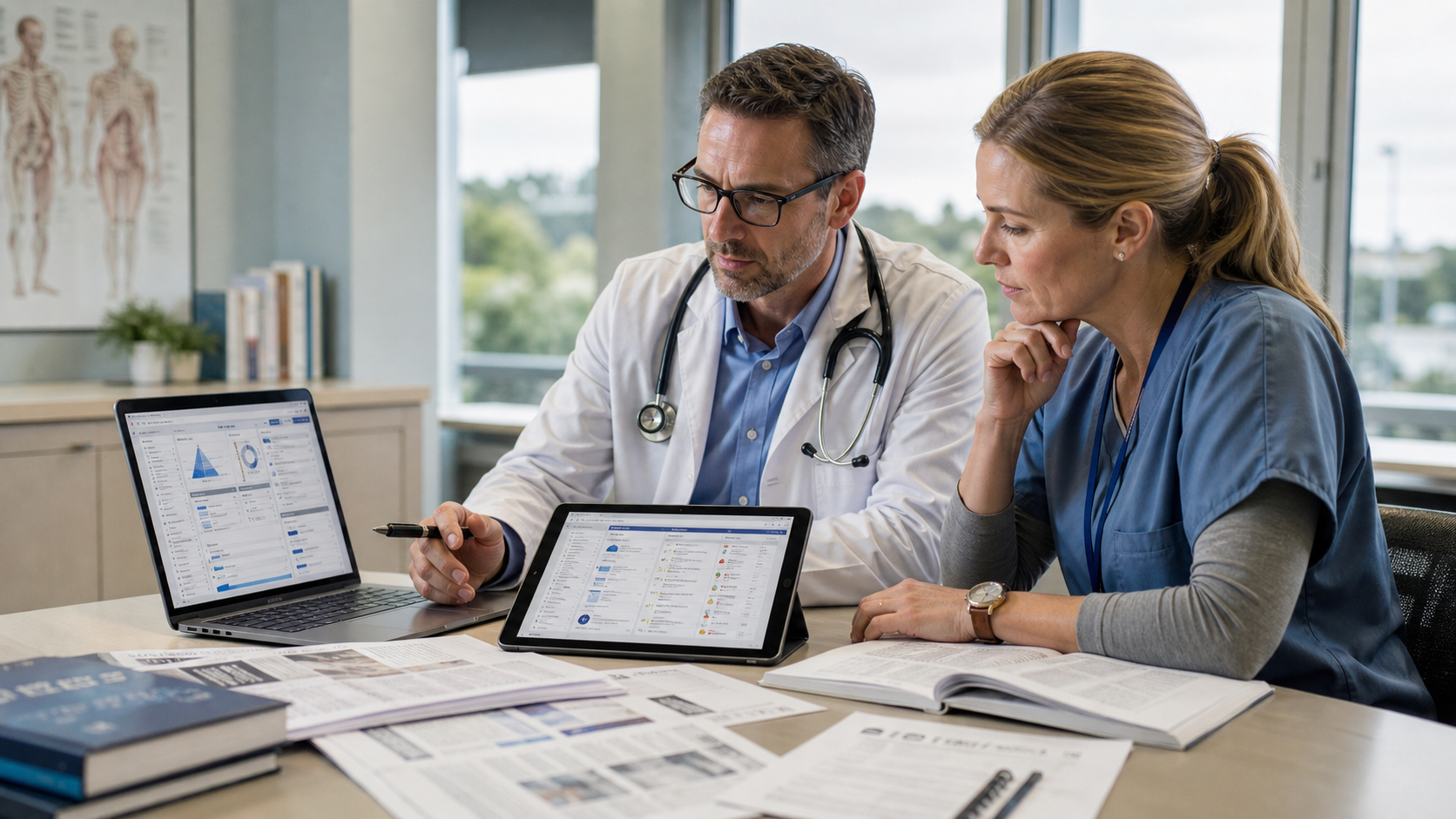 Clinicians reviewing cited medical research and clinical evidence