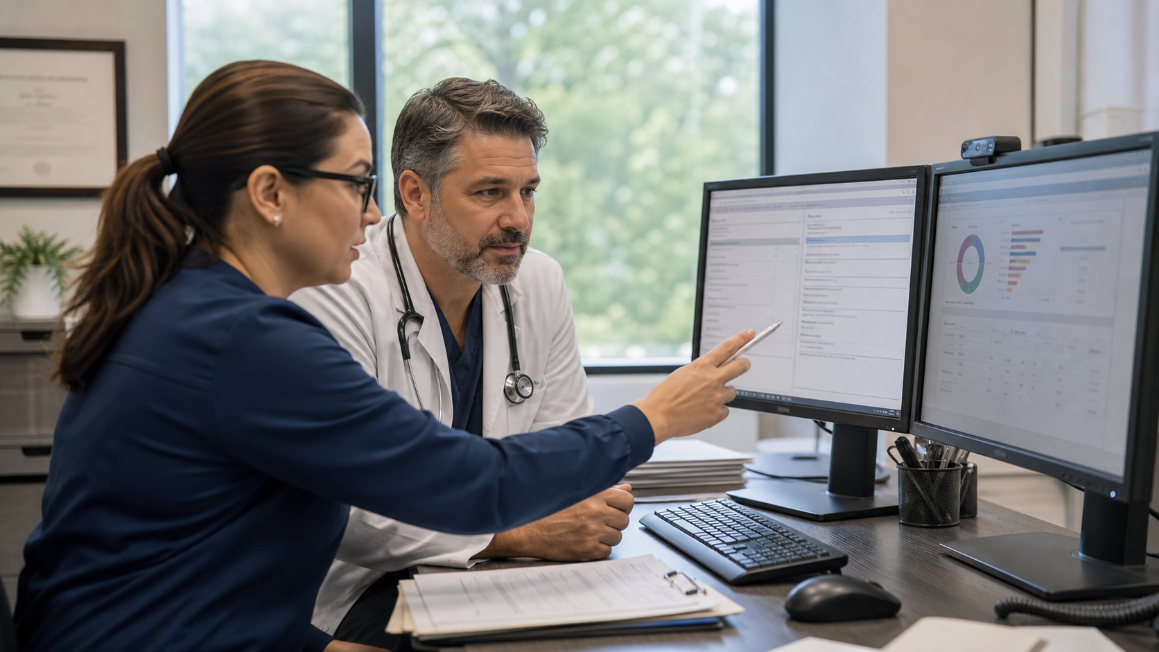 Physician and coding specialist reviewing AI-assisted medical coding and revenue cycle work