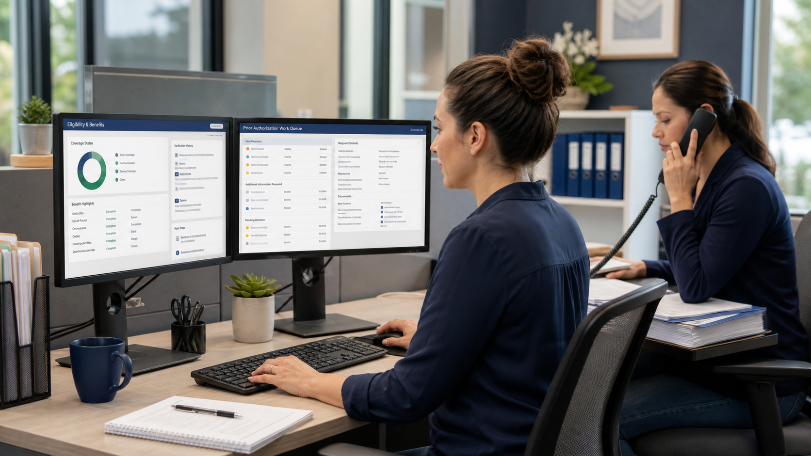 Medical practice authorization team reviewing insurance eligibility and prior authorization queues