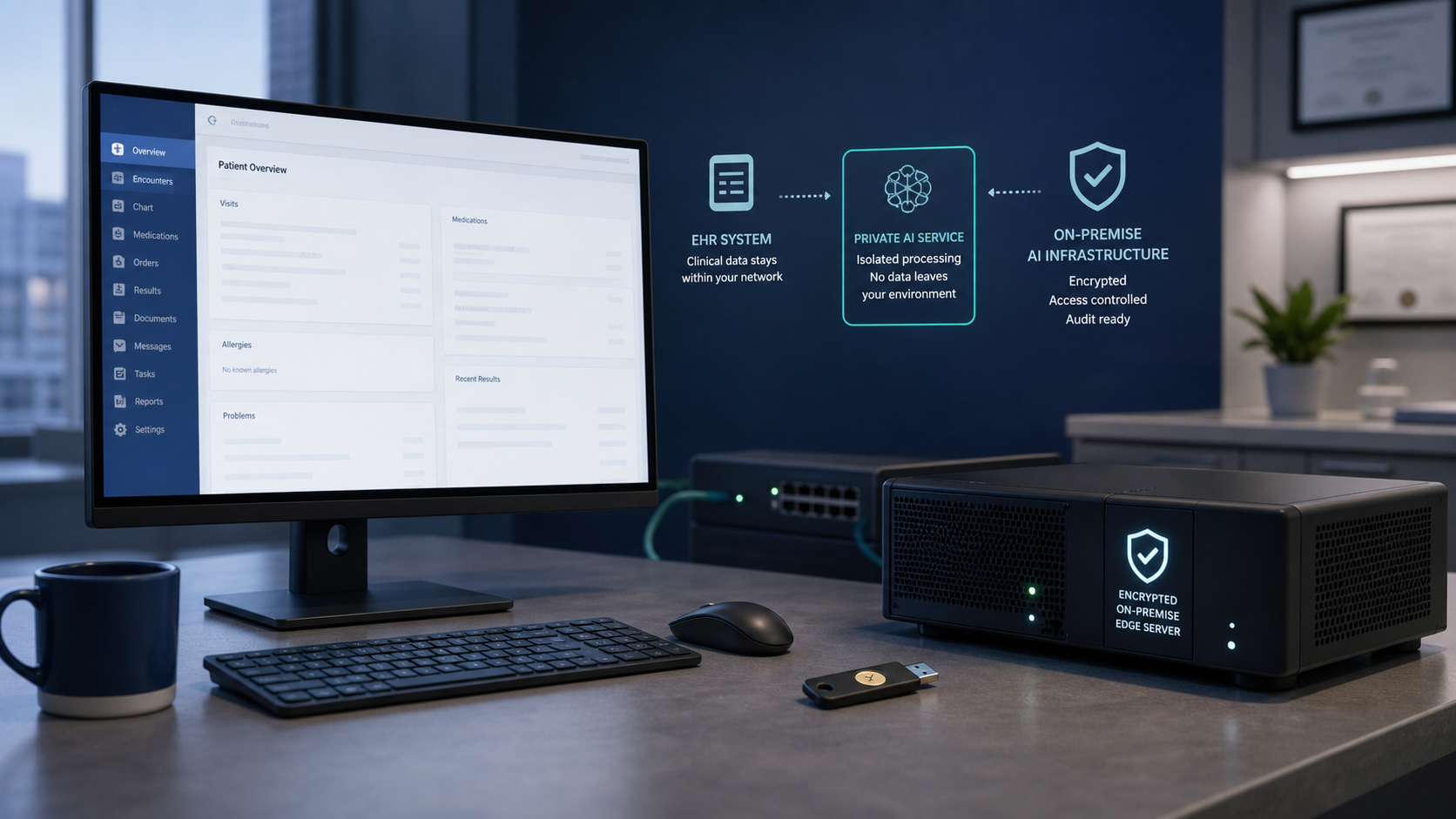 Private clinical AI service connecting securely to an EHR and on-premise infrastructure