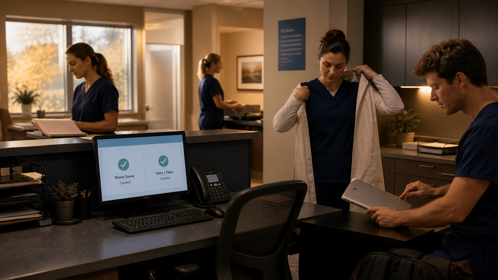 Medical practice staff finishing on time after clearing phone and task queues